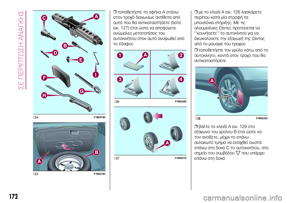 FIAT 500X 2017 ΒΙΒΛΙΟ ΧΡΗΣΗΣ ΚΑΙ ΣΥΝΤΗΡΗΣΗΣ (in Greek) ❒τοποθετήστε τη σφήνα Α επάνω
στον τροχό διαγωνίως αντίθετα από
αυτό που θα αντικαταστήσετε (δείτε
εικ. 127) έτ FIAT 500X 2017 ΒΙΒΛΙΟ ΧΡΗΣΗΣ ΚΑΙ ΣΥΝΤΗΡΗΣΗΣ (in Greek) ❒τοποθετήστε τη σφήνα Α επάνω
στον τροχό διαγωνίως αντίθετα από
αυτό που θα αντικαταστήσετε (δείτε
εικ. 127) έτ