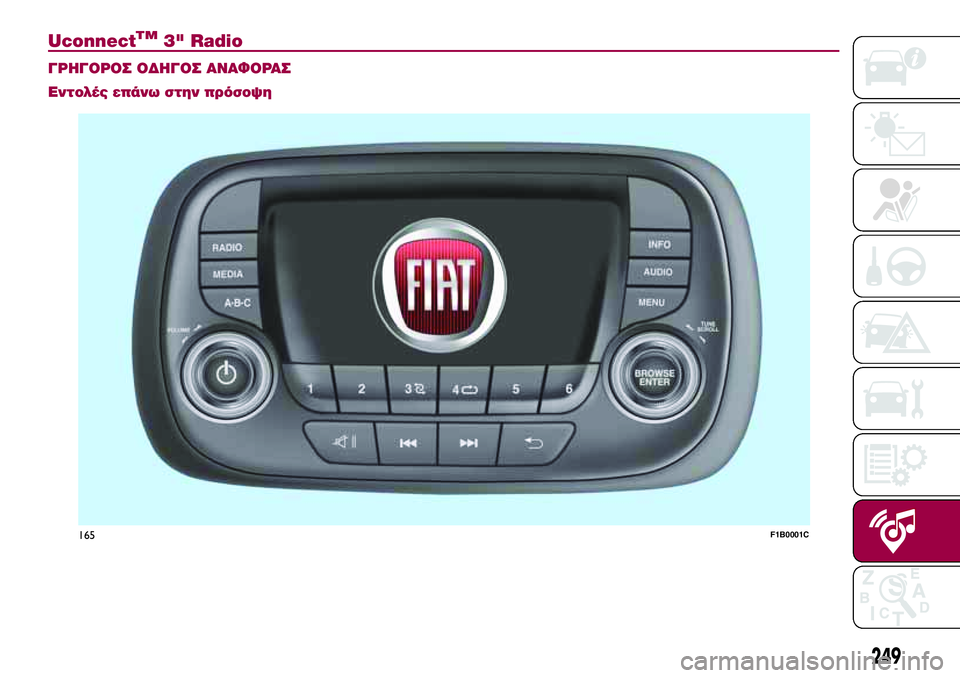 FIAT 500X 2017 ΒΙΒΛΙΟ ΧΡΗΣΗΣ ΚΑΙ ΣΥΝΤΗΡΗΣΗΣ (in Greek) UconnectTM3" Radio.
ΓΡΗΓΟΡΟΣ ΟΔΗΓΟΣ ΑΝΑΦΟΡΑΣ
Εντολές επάνω στην πρόσοψη
165F1B0001C
249 FIAT 500X 2017 ΒΙΒΛΙΟ ΧΡΗΣΗΣ ΚΑΙ ΣΥΝΤΗΡΗΣΗΣ (in Greek) UconnectTM3" Radio.
ΓΡΗΓΟΡΟΣ ΟΔΗΓΟΣ ΑΝΑΦΟΡΑΣ
Εντολές επάνω στην πρόσοψη
165F1B0001C
249