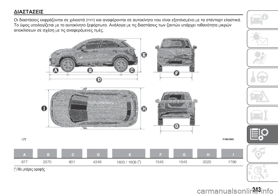 FIAT 500X 2018 ΒΙΒΛΙΟ ΧΡΗΣΗΣ ΚΑΙ ΣΥΝΤΗΡΗΣΗΣ (in Greek) ΔΙΑΣΤΑΣΕΙΣ
Οι διαστάσεις εκφράζονται σε χιλιοστά(mm)και αναφέρονται σε αυτοκίνητοπου είναι εξοπλισμένομε τα FIAT 500X 2018 ΒΙΒΛΙΟ ΧΡΗΣΗΣ ΚΑΙ ΣΥΝΤΗΡΗΣΗΣ (in Greek) ΔΙΑΣΤΑΣΕΙΣ
Οι διαστάσεις εκφράζονται σε χιλιοστά(mm)και αναφέρονται σε αυτοκίνητοπου είναι εξοπλισμένομε τα
