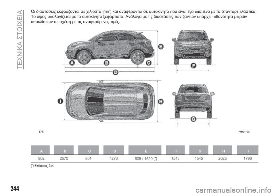 FIAT 500X 2018 ΒΙΒΛΙΟ ΧΡΗΣΗΣ ΚΑΙ ΣΥΝΤΗΡΗΣΗΣ (in Greek) Οι διαστάσεις εκφράζονται σε χιλιοστά(mm)και αναφέρονται σε αυτοκίνητοπου είναι εξοπλισμένομε τα στάνταρτ ελ FIAT 500X 2018 ΒΙΒΛΙΟ ΧΡΗΣΗΣ ΚΑΙ ΣΥΝΤΗΡΗΣΗΣ (in Greek) Οι διαστάσεις εκφράζονται σε χιλιοστά(mm)και αναφέρονται σε αυτοκίνητοπου είναι εξοπλισμένομε τα στάνταρτ ελ