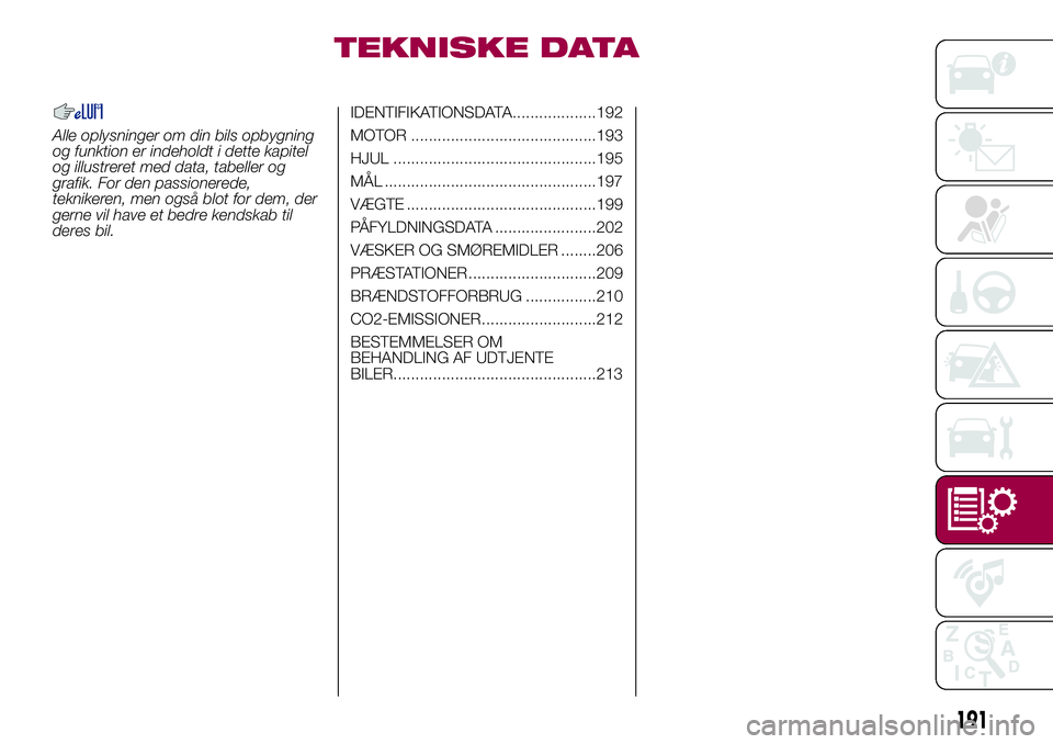FIAT 500X 2017 Brugs- og vedligeholdelsesvejledning (in Danish) TEKNISKE DATA
Alle oplysninger om din bils opbygning
og funktion er indeholdt i dette kapitel
og illustreret med data, tabeller og
grafik. For den passionerede,
teknikeren, men også blot for dem, der FIAT 500X 2017 Brugs- og vedligeholdelsesvejledning (in Danish) TEKNISKE DATA
Alle oplysninger om din bils opbygning
og funktion er indeholdt i dette kapitel
og illustreret med data, tabeller og
grafik. For den passionerede,
teknikeren, men også blot for dem, der
