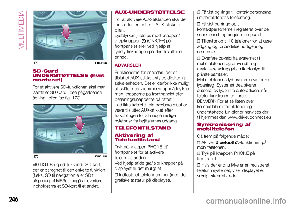FIAT 500X 2017  Brugs- og vedligeholdelsesvejledning (in Danish) SD-Card
UNDERSTØTTELSE (hvis
monteret)
For at aktivere SD-funktionen skal man
isætte et SD Card i den pågældende
åbning i bilen (se fig. 173).
VIGTIGT Brug udelukkende SD-kort,
der er beregnet ti