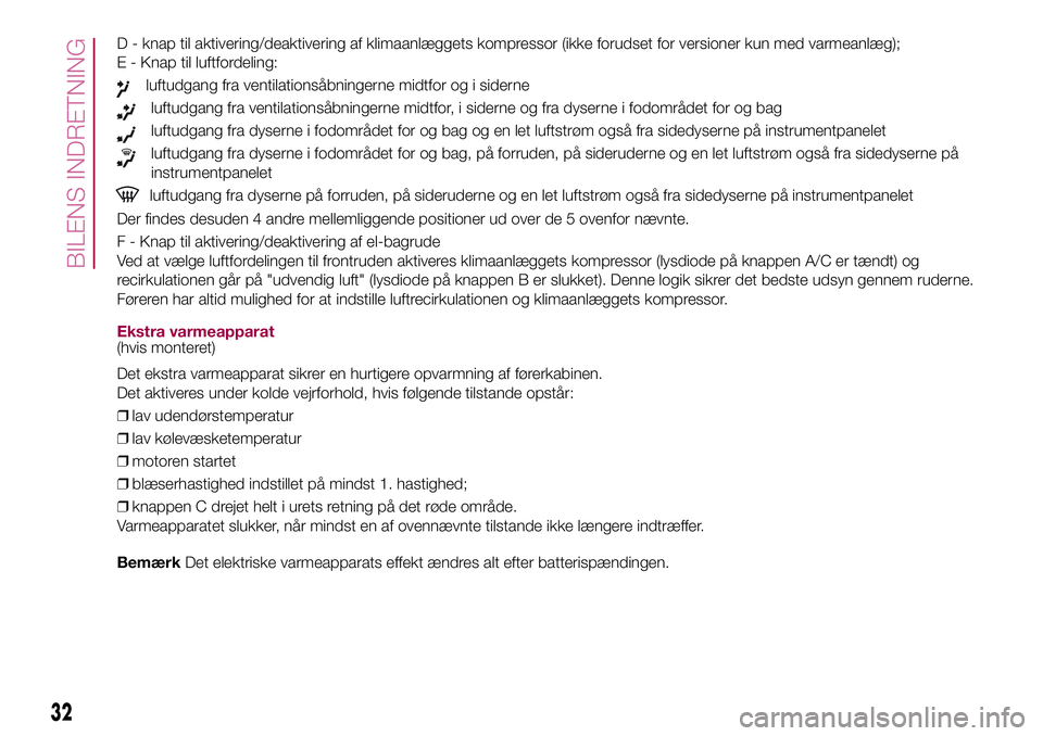 FIAT 500X 2017  Brugs- og vedligeholdelsesvejledning (in Danish) D - knap til aktivering/deaktivering af klimaanlæggets kompressor (ikke forudset for versioner kun med varmeanlæg);
E - Knap til luftfordeling:
luftudgang fra ventilationsåbningerne midtfor og i si