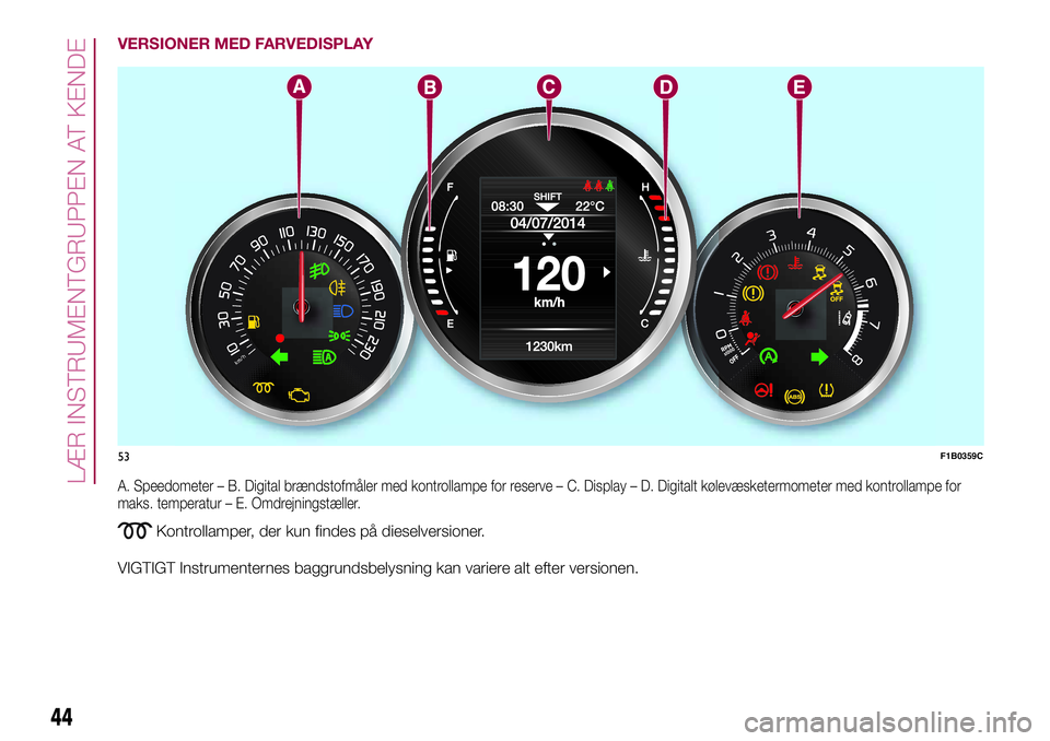 FIAT 500X 2017  Brugs- og vedligeholdelsesvejledning (in Danish) VERSIONER MED FARVEDISPLAY
A. Speedometer – B. Digital brændstofmåler med kontrollampe for reserve – C. Display – D. Digitalt kølevæsketermometer med kontrollampe for
maks. temperatur – E.