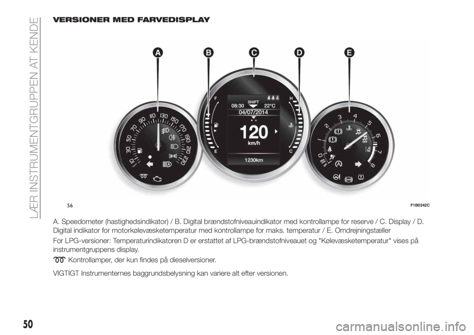 FIAT 500X 2018  Brugs- og vedligeholdelsesvejledning (in Danish) VERSIONER MED FARVEDISPLAY
A. Speedometer (hastighedsindikator) / B. Digital brændstofniveauindikator med kontrollampe for reserve / C. Display / D.
Digital indikator for motorkølevæsketemperatur m
