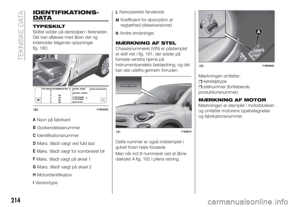 FIAT 500X 2019  Brugs- og vedligeholdelsesvejledning (in Danish) IDENTIFIKATIONS-
DATA
TYPESKILT
Skiltet sidder på dørstolpen i førersiden.
Det kan aflæses med åben dør og
indeholder følgende oplysninger
fig. 180:
ANavn på fabrikant
BGodkendelsesnummer
CIde