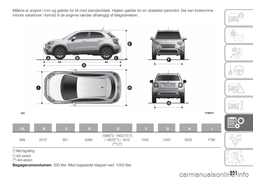 FIAT 500X 2019  Brugs- og vedligeholdelsesvejledning (in Danish) Målene er angivet i mm og gælder for bil med standarddæk. Højden gælder for en ubelastet personbil. Der kan forekomme
mindre variationer i forhold til de angivne værdier afhængigt af fælgstør