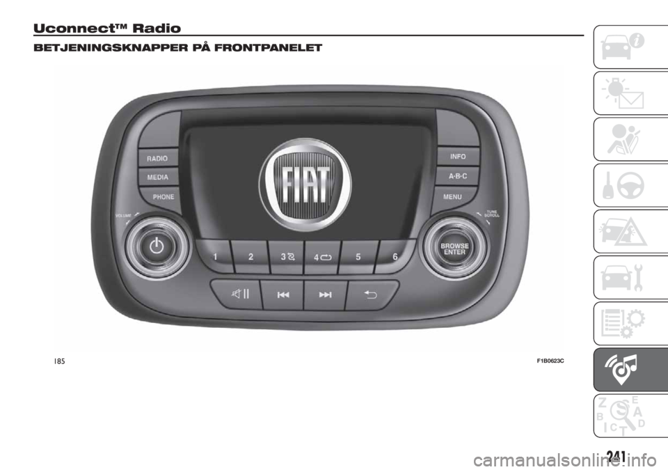 FIAT 500X 2019 Brugs- og vedligeholdelsesvejledning (in Danish) Uconnect™ Radio
BETJENINGSKNAPPER PÅ FRONTPANELET
185F1B0623C
241 FIAT 500X 2019 Brugs- og vedligeholdelsesvejledning (in Danish) Uconnect™ Radio
BETJENINGSKNAPPER PÅ FRONTPANELET
185F1B0623C
241