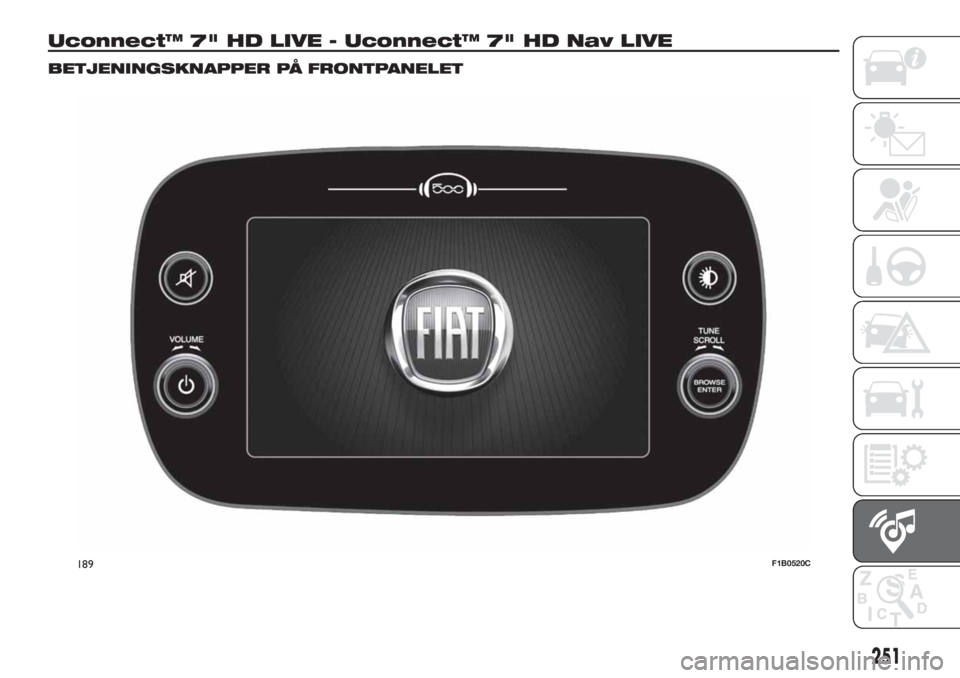 FIAT 500X 2019  Brugs- og vedligeholdelsesvejledning (in Danish) Uconnect™ 7" HD LIVE - Uconnect™ 7" HD Nav LIVE
BETJENINGSKNAPPER PÅ FRONTPANELET
189F1B0520C
251 