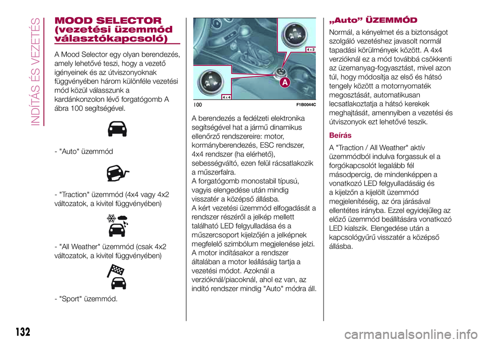 FIAT 500X 2017 Kezelési és karbantartási útmutató (in Hungarian) MOOD SELECTOR
(vezetési üzemmód
választókapcsoló)
A Mood Selector egy olyan berendezés,
amely lehetővé teszi, hogy a vezető
igényeinek és az útviszonyoknak
függvényében három különf FIAT 500X 2017 Kezelési és karbantartási útmutató (in Hungarian) MOOD SELECTOR
(vezetési üzemmód
választókapcsoló)
A Mood Selector egy olyan berendezés,
amely lehetővé teszi, hogy a vezető
igényeinek és az útviszonyoknak
függvényében három különf