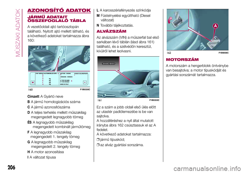 FIAT 500X 2017 Kezelési és karbantartási útmutató (in Hungarian) AZONOSÍTÓ ADATOK
JÁRMŰ ADATAIT
ÖSSZEFOGLALÓ TÁBLA
A vezetőoldali ajtó tartóoszlopán
található. Nyitott ajtó mellett látható, és
a következő adatokat tartalmazza ábra
160:
CímzettA FIAT 500X 2017 Kezelési és karbantartási útmutató (in Hungarian) AZONOSÍTÓ ADATOK
JÁRMŰ ADATAIT
ÖSSZEFOGLALÓ TÁBLA
A vezetőoldali ajtó tartóoszlopán
található. Nyitott ajtó mellett látható, és
a következő adatokat tartalmazza ábra
160:
CímzettA