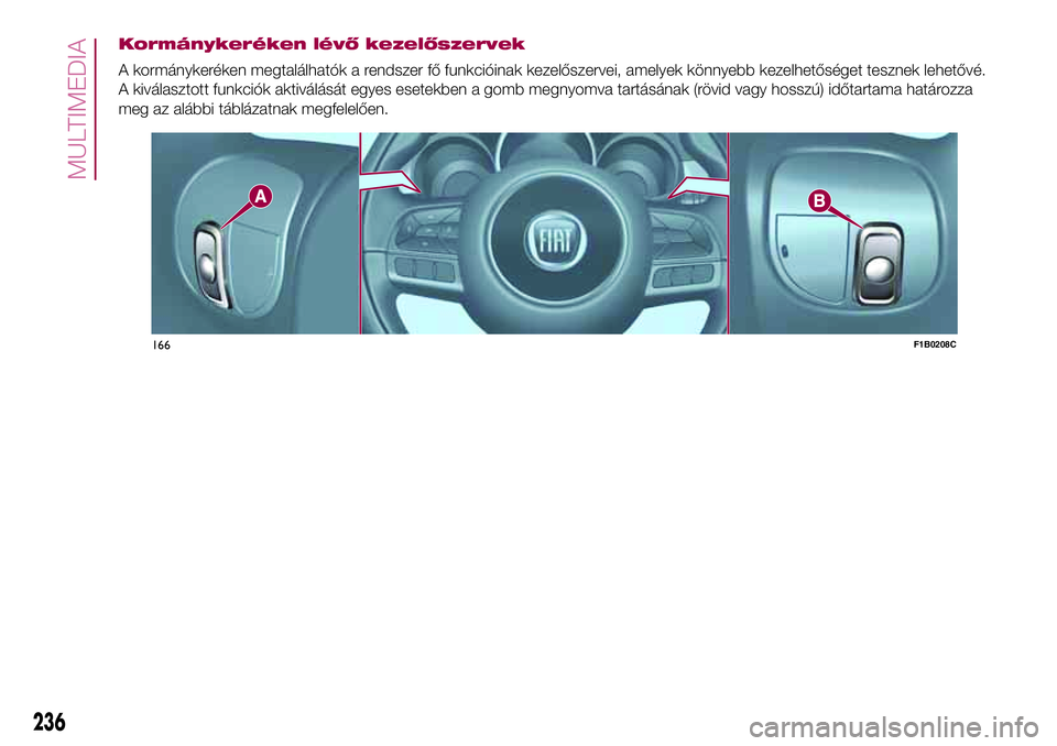 FIAT 500X 2017 Kezelési és karbantartási útmutató (in Hungarian) Kormánykeréken lévő kezelőszervek
A kormánykeréken megtalálhatók a rendszer fő funkcióinak kezelőszervei, amelyek könnyebb kezelhetőséget tesznek lehetővé.
A kiválasztott funkciók a FIAT 500X 2017 Kezelési és karbantartási útmutató (in Hungarian) Kormánykeréken lévő kezelőszervek
A kormánykeréken megtalálhatók a rendszer fő funkcióinak kezelőszervei, amelyek könnyebb kezelhetőséget tesznek lehetővé.
A kiválasztott funkciók a