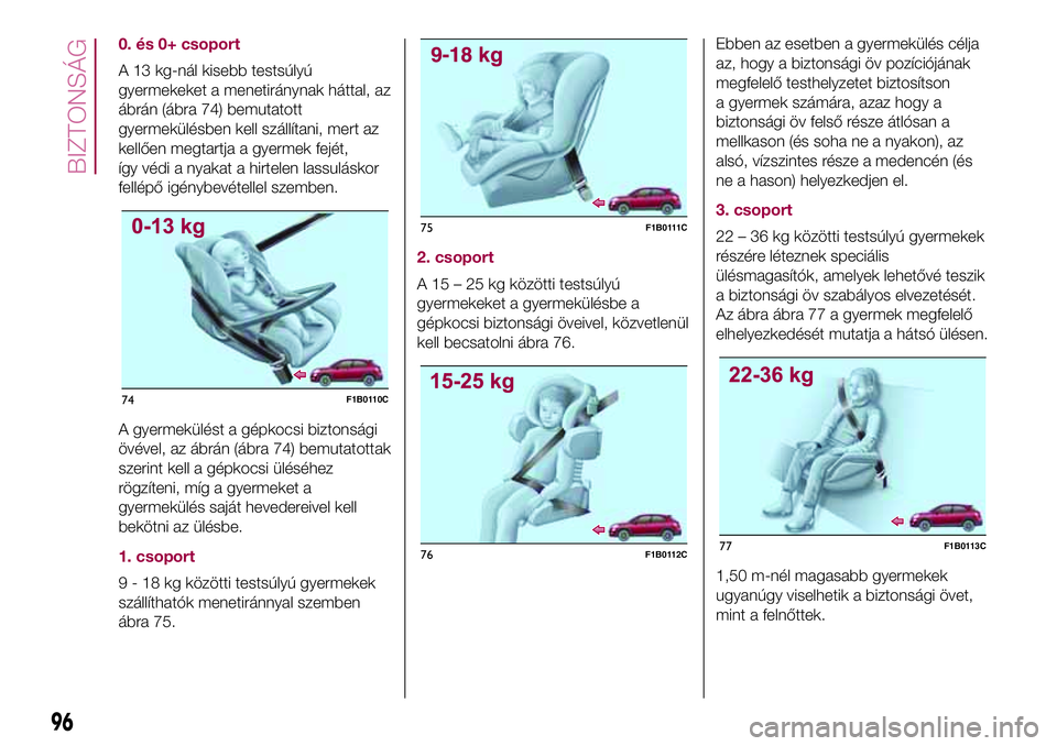 FIAT 500X 2017 Kezelési és karbantartási útmutató (in Hungarian) 0. és 0+ csoport
A 13 kg-nál kisebb testsúlyú
gyermekeket a menetiránynak háttal, az
ábrán (ábra 74) bemutatott
gyermekülésben kell szállítani, mert az
kellően megtartja a gyermek fejét FIAT 500X 2017 Kezelési és karbantartási útmutató (in Hungarian) 0. és 0+ csoport
A 13 kg-nál kisebb testsúlyú
gyermekeket a menetiránynak háttal, az
ábrán (ábra 74) bemutatott
gyermekülésben kell szállítani, mert az
kellően megtartja a gyermek fejét