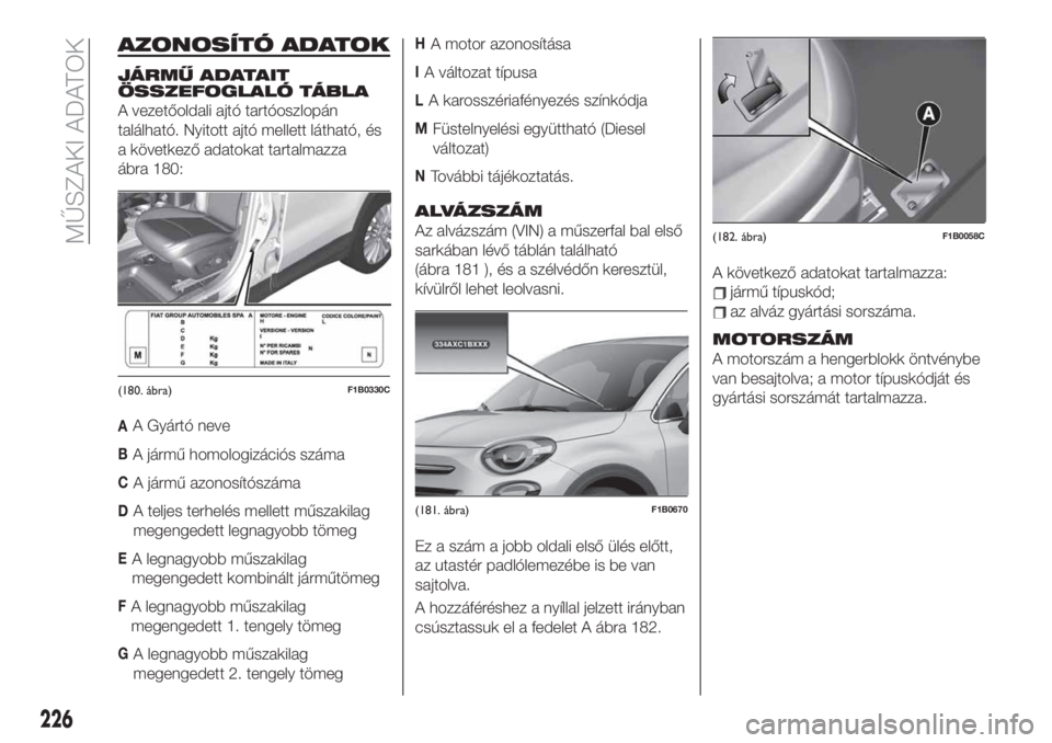 FIAT 500X 2019  Kezelési és karbantartási útmutató (in Hungarian) AZONOSÍTÓ ADATOK
JÁRMŰ ADATAIT
ÖSSZEFOGLALÓ TÁBLA
A vezetőoldali ajtó tartóoszlopán
található. Nyitott ajtó mellett látható, és
a következő adatokat tartalmazza
ábra 180:
A Gyárt