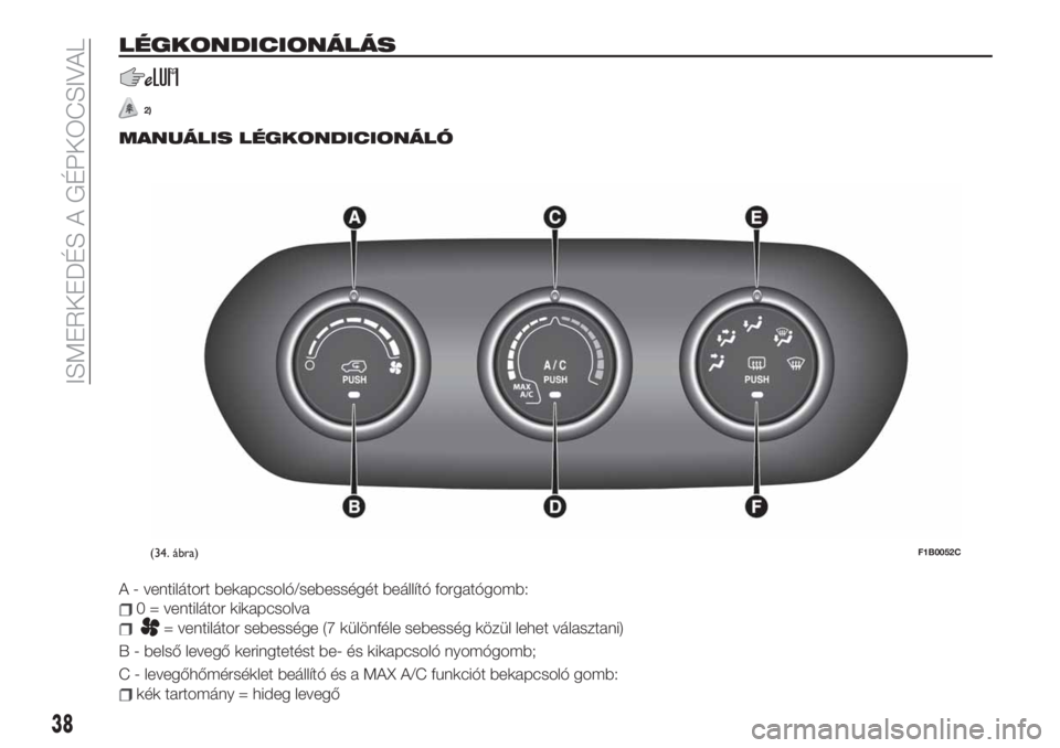 FIAT 500X 2019  Kezelési és karbantartási útmutató (in Hungarian) LÉGKONDICIONÁLÁS
2)
MANUÁLIS LÉGKONDICIONÁLÓ
A - ventilátort bekapcsoló/sebességét beállító forgatógomb:
0 = ventilátor kikapcsolva
= ventilátor sebessége (7 különféle sebesség k