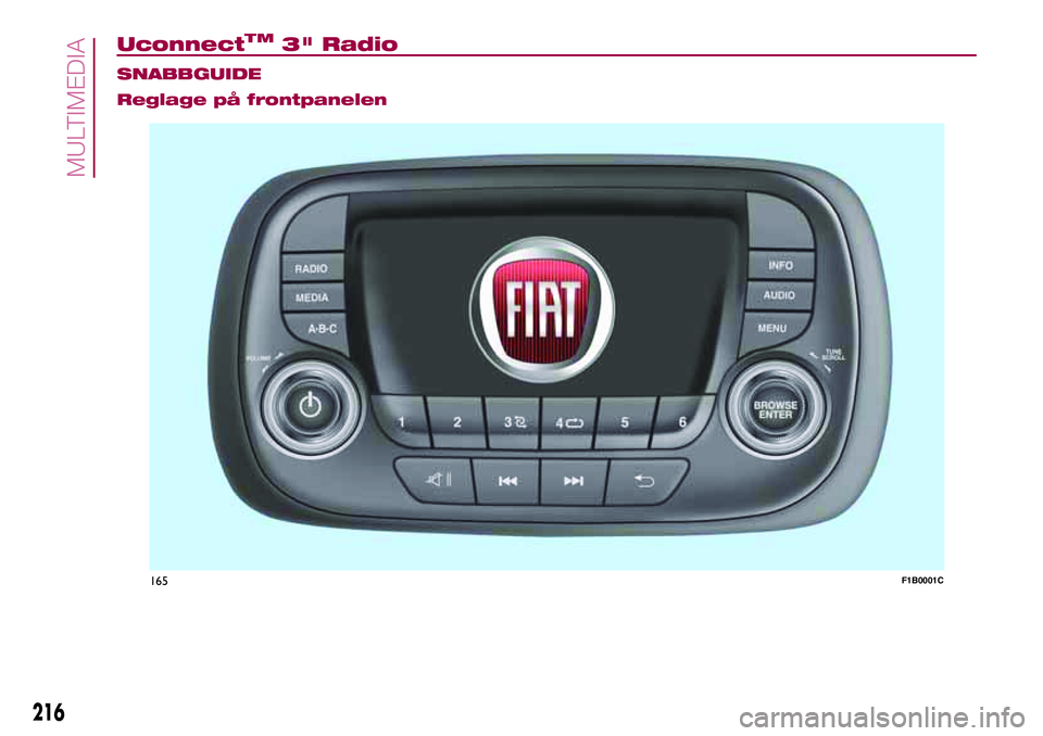 FIAT 500X 2017 Drift- och underhållshandbok (in Swedish) UconnectTM3" Radio.
SNABBGUIDE
Reglage på frontpanelen
165F1B0001C
216
MULTIMEDIA FIAT 500X 2017 Drift- och underhållshandbok (in Swedish) UconnectTM3" Radio.
SNABBGUIDE
Reglage på frontpanelen
165F1B0001C
216
MULTIMEDIA