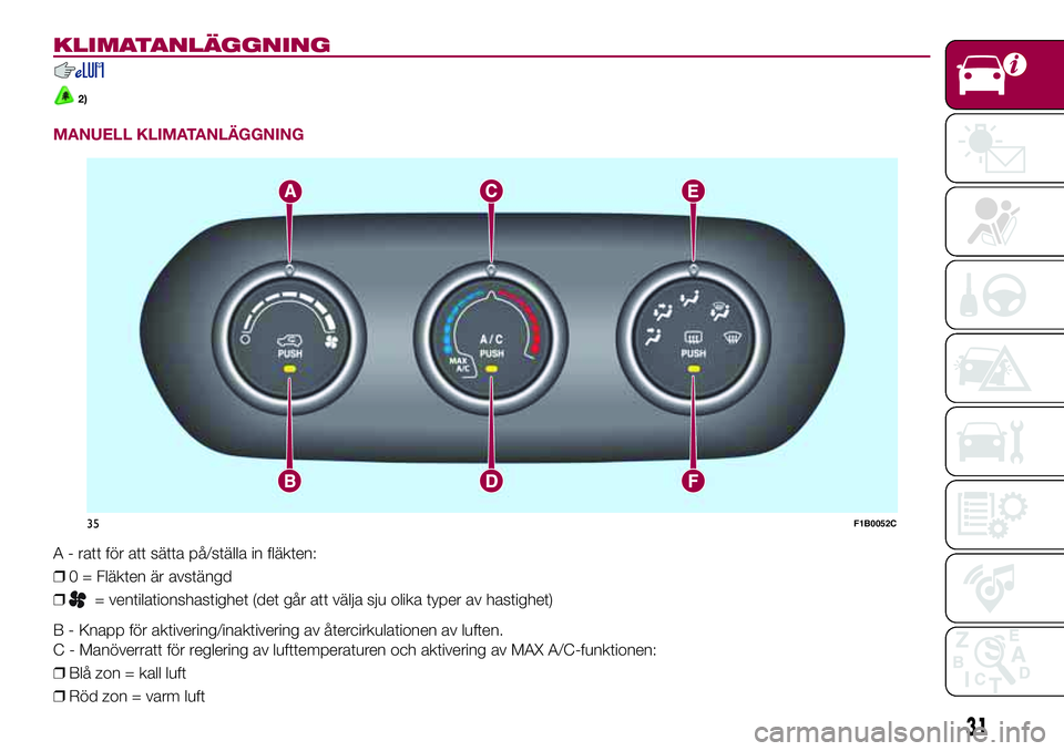 FIAT 500X 2017 Drift- och underhållshandbok (in Swedish) KLIMATANLÄGGNING
2)
MANUELL KLIMATANLÄGGNING
A - ratt för att sätta på/ställa in fläkten:
❒0 = Fläkten är avstängd
❒
= ventilationshastighet (det går att välja sju olika typer av hasti FIAT 500X 2017 Drift- och underhållshandbok (in Swedish) KLIMATANLÄGGNING
2)
MANUELL KLIMATANLÄGGNING
A - ratt för att sätta på/ställa in fläkten:
❒0 = Fläkten är avstängd
❒
= ventilationshastighet (det går att välja sju olika typer av hasti