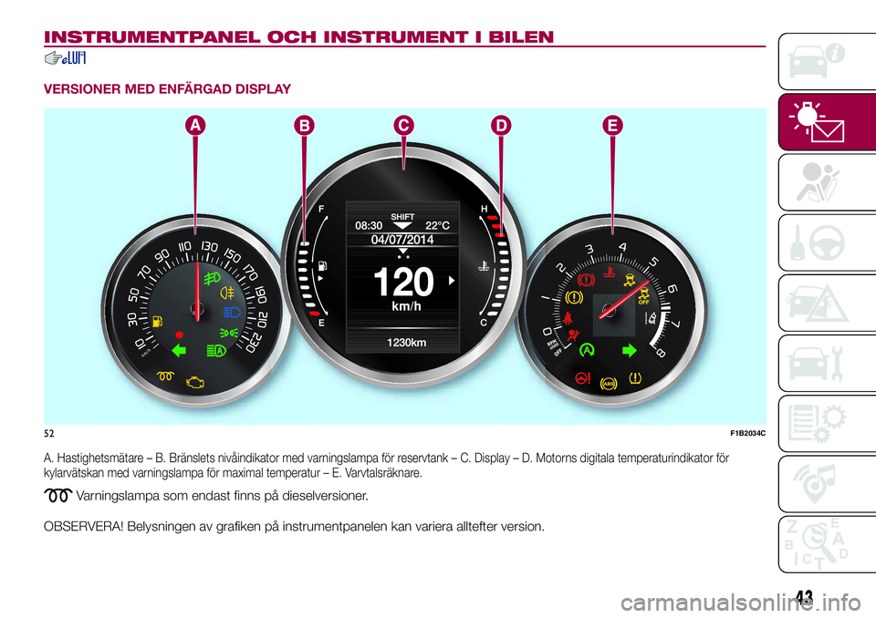 FIAT 500X 2017 Drift- och underhållshandbok (in Swedish) INSTRUMENTPANEL OCH INSTRUMENT I BILEN
VERSIONER MED ENFÄRGAD DISPLAY
A. Hastighetsmätare – B. Bränslets nivåindikator med varningslampa för reservtank – C. Display – D. Motorns digitala te FIAT 500X 2017 Drift- och underhållshandbok (in Swedish) INSTRUMENTPANEL OCH INSTRUMENT I BILEN
VERSIONER MED ENFÄRGAD DISPLAY
A. Hastighetsmätare – B. Bränslets nivåindikator med varningslampa för reservtank – C. Display – D. Motorns digitala te