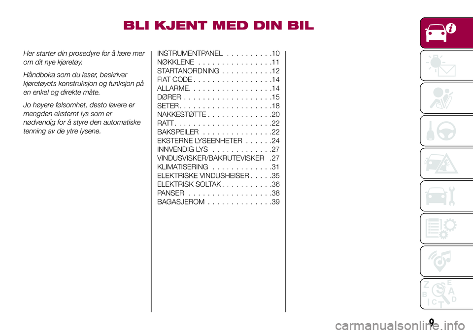 FIAT 500X 2017 Drift- og vedlikeholdshåndbok (in Norwegian) BLI KJENT MED DIN BIL
Her starter din prosedyre for å lære mer
om dit nye kjøretøy.
HÃ¥ndboka som du leser, beskriver
kjøretøyets konstruksjon og funksjon på
en enkel og direkte måte.
Jo høye FIAT 500X 2017 Drift- og vedlikeholdshåndbok (in Norwegian) BLI KJENT MED DIN BIL
Her starter din prosedyre for å lære mer
om dit nye kjøretøy.
HÃ¥ndboka som du leser, beskriver
kjøretøyets konstruksjon og funksjon på
en enkel og direkte måte.
Jo høye