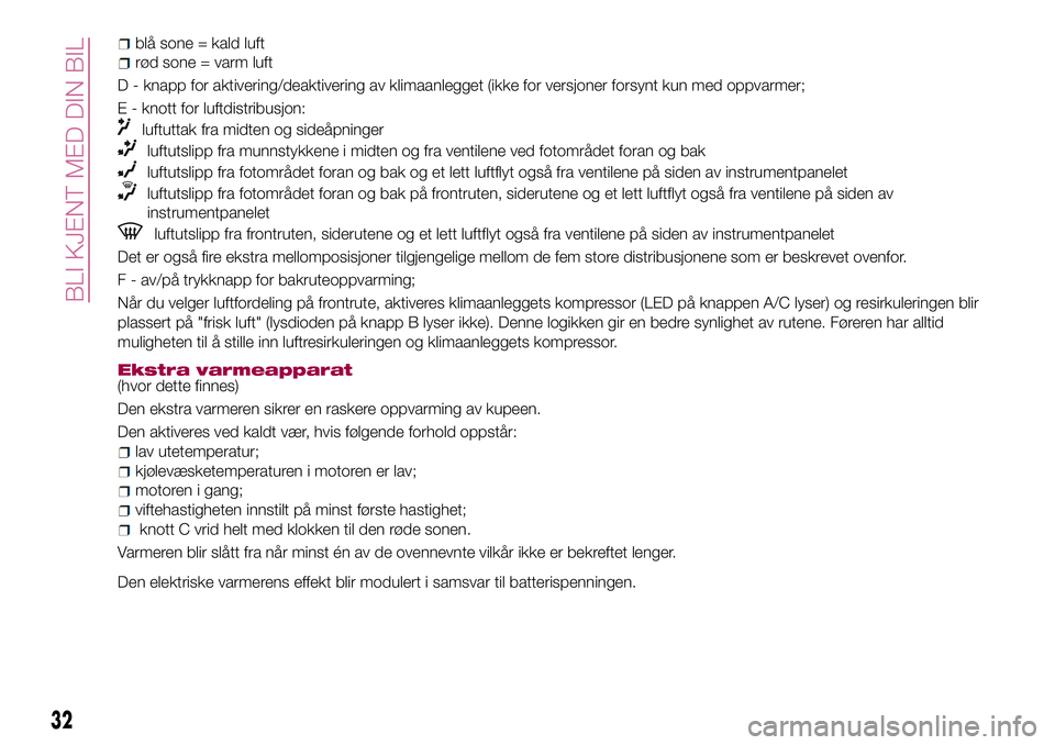 FIAT 500X 2017 Drift- og vedlikeholdshåndbok (in Norwegian) blå sone = kald luft
rød sone = varm luft
D - knapp for aktivering/deaktivering av klimaanlegget (ikke for versjoner forsynt kun med oppvarmer;
E - knott for luftdistribusjon:
luftuttak fra midten o FIAT 500X 2017 Drift- og vedlikeholdshåndbok (in Norwegian) blå sone = kald luft
rød sone = varm luft
D - knapp for aktivering/deaktivering av klimaanlegget (ikke for versjoner forsynt kun med oppvarmer;
E - knott for luftdistribusjon:
luftuttak fra midten o