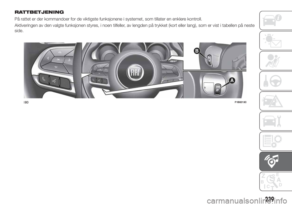 FIAT 500X 2018 Drift- og vedlikeholdshåndbok (in Norwegian) RATTBETJENING
På rattet er der kommandoer for de viktigste funksjonene i systemet, som tillater en enklere kontroll.
Aktiveringen av den valgte funksjonen styres, i noen tilfeller, av lengden på try FIAT 500X 2018 Drift- og vedlikeholdshåndbok (in Norwegian) RATTBETJENING
På rattet er der kommandoer for de viktigste funksjonene i systemet, som tillater en enklere kontroll.
Aktiveringen av den valgte funksjonen styres, i noen tilfeller, av lengden på try