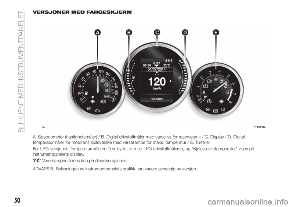 FIAT 500X 2018 Drift- og vedlikeholdshåndbok (in Norwegian) VERSJONER MED FARGESKJERM
A. Speedometer (hastighetsmåler) / B. Digital drivstoffmåler med varsellys for reservetank / C. Display / D. Digital
temperaturmåler for motorens kjølevæske med varsella FIAT 500X 2018 Drift- og vedlikeholdshåndbok (in Norwegian) VERSJONER MED FARGESKJERM
A. Speedometer (hastighetsmåler) / B. Digital drivstoffmåler med varsellys for reservetank / C. Display / D. Digital
temperaturmåler for motorens kjølevæske med varsella