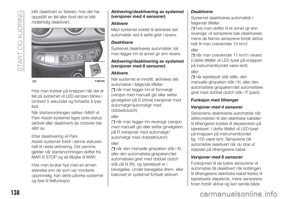 FIAT 500X 2019  Drift- og vedlikeholdshåndbok (in Norwegian) blitt deaktivert av føreren, hvis det har
oppstått en feil eller fordi det er blitt
midlertidig deaktivert.
Hvis man trykker på knappen når det er
feil på systemet vil LED-lampen blinke i
omtrent
