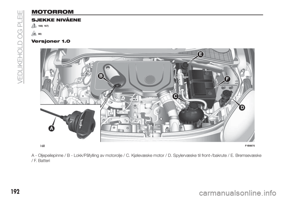 FIAT 500X 2019  Drift- og vedlikeholdshåndbok (in Norwegian) MOTORROM
SJEKKE NIVÅENE
166) 167)
80)
Versjoner 1.0
A - Oljepeilepinne/B-Lokk/Påfylling av motorolje / C. Kjølevæske motor / D. Spylervæske til front-/bakrute / E. Bremsevæske
/ F. Batteri
168F1