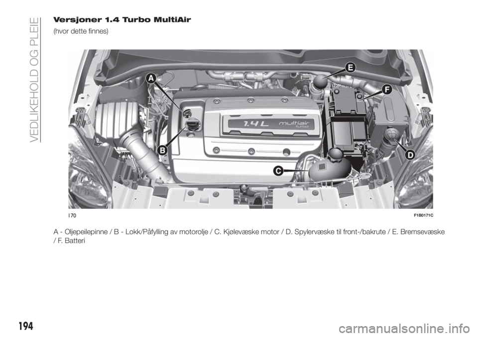FIAT 500X 2019  Drift- og vedlikeholdshåndbok (in Norwegian) Versjoner 1.4 Turbo MultiAir
(hvor dette finnes)
A - Oljepeilepinne/B-Lokk/Påfylling av motorolje / C. Kjølevæske motor / D. Spylervæske til front-/bakrute / E. Bremsevæske
/ F. Batteri
170F1B017