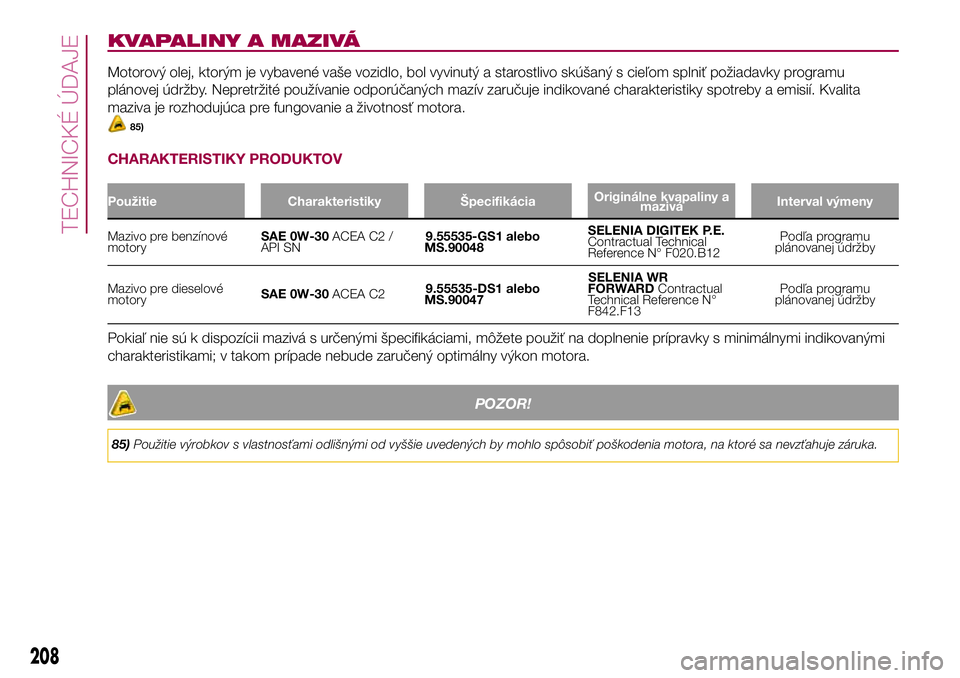 FIAT 500X 2017  Návod na použitie a údržbu (in Slovak) KVAPALINY A MAZIVÁ
Motorový olej, ktorým je vybavené vaše vozidlo, bol vyvinutý a starostlivo skúšaný s cieľom splniť požiadavky programu
plánovej údržby. Nepretržité používanie odp