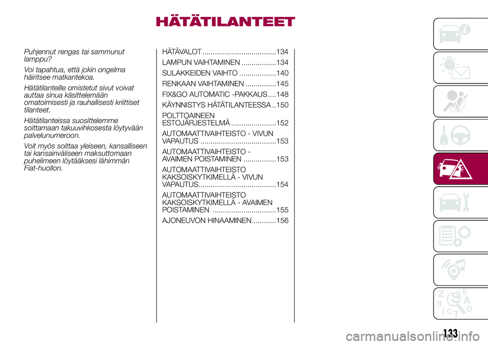 FIAT 500X 2017  Käyttö- ja huolto-ohjekirja (in in Finnish) HÄTÄTILANTEET
Puhjennut rengas tai sammunut
lamppu?
Voi tapahtua, että jokin ongelma
häiritsee matkantekoa.
Hätätilanteille omistetut sivut voivat
auttaa sinua käsittelemään
omatoimisesti ja 