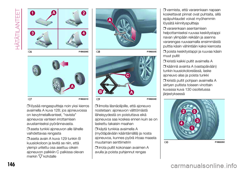 FIAT 500X 2017  Käyttö- ja huolto-ohjekirja (in in Finnish) ❒löysää rengaspultteja noin yksi kierros
avaimella A kuva 128; jos ajoneuvossa
on kevytmetallivanteet, "ravista"
ajoneuvoa vanteen irrottamisen
avustamiseksi pyörännavasta.
❒aseta tun