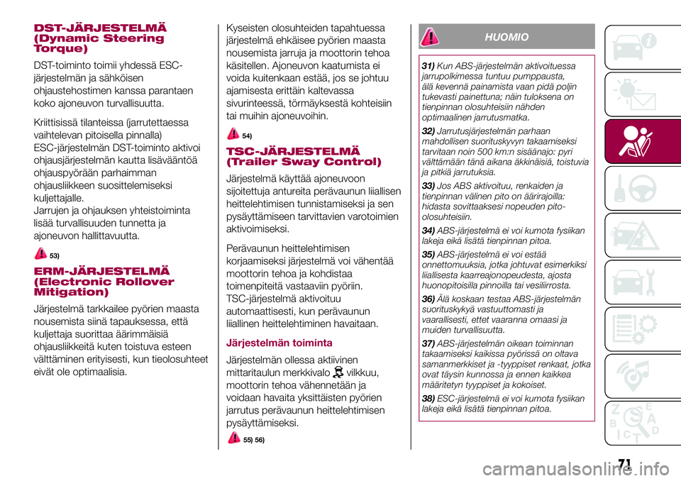 FIAT 500X 2017  Käyttö- ja huolto-ohjekirja (in in Finnish) DST-JÄRJESTELMÄ
(Dynamic Steering
Torque)
DST-toiminto toimii yhdessä ESC-
järjestelmän ja sähköisen
ohjaustehostimen kanssa parantaen
koko ajoneuvon turvallisuutta.
Kriittisissä tilanteissa (