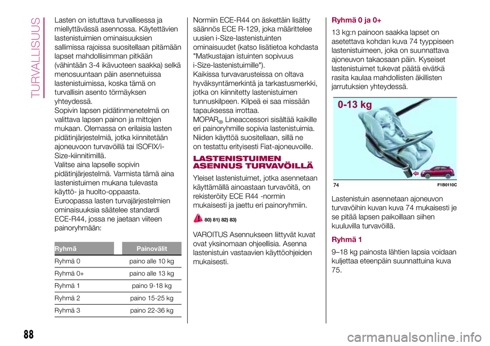 FIAT 500X 2017  Käyttö- ja huolto-ohjekirja (in in Finnish) Lasten on istuttava turvallisessa ja
miellyttävässä asennossa. Käytettävien
lastenistuimien ominaisuuksien
sallimissa rajoissa suositellaan pitämään
lapset mahdollisimman pitkään
(vähintä