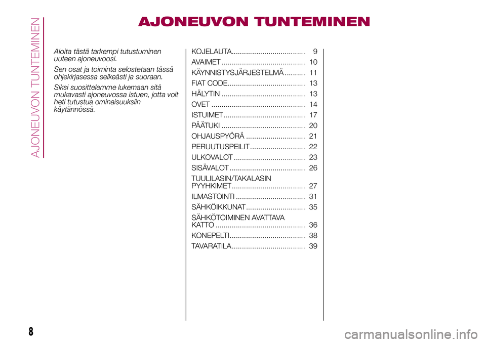 FIAT 500X 2017  Käyttö- ja huolto-ohjekirja (in in Finnish) AJONEUVON TUNTEMINEN
Aloita tästä tarkempi tutustuminen
uuteen ajoneuvoosi.
Sen osat ja toiminta selostetaan tässä
ohjekirjasessa selkeästi ja suoraan.
Siksi suosittelemme lukemaan sitä
mukavast