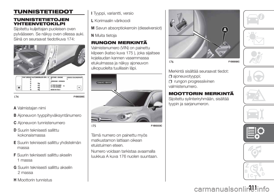 FIAT 500X 2018 Käyttö- ja huolto-ohjekirja (in in Finnish) TUNNISTETIEDOT
TUNNISTETIETOJEN
YHTEENVETOKILPI
Sijoitettu kuljettajan puoleisen oven
pylvääseen. Se näkyy oven ollessa auki.
Siinä on seuraavat tiedotkuva 174:
AValmistajan nimi
BAjoneuvon tyyppi FIAT 500X 2018 Käyttö- ja huolto-ohjekirja (in in Finnish) TUNNISTETIEDOT
TUNNISTETIETOJEN
YHTEENVETOKILPI
Sijoitettu kuljettajan puoleisen oven
pylvääseen. Se näkyy oven ollessa auki.
Siinä on seuraavat tiedotkuva 174:
AValmistajan nimi
BAjoneuvon tyyppi