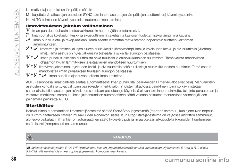 FIAT 500X 2018  Käyttö- ja huolto-ohjekirja (in in Finnish) L - matkustajan puoleisen lämpötilan säädin
M - kuljettajan/matkustajan puoleisen SYNC-toiminnon (asetettujen lämpötilojen asettaminen) käynnistyspainike
N - AUTO-toiminnon käynnistyspainike (