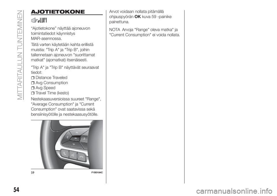 FIAT 500X 2018 Käyttö- ja huolto-ohjekirja (in in Finnish) AJOTIETOKONE
“Ajotietokone” näyttää ajoneuvon
toimintatiedot käynnistys
MAR-asennossa.
Tätä varten käytetään kahta erillistä
muistia: "Trip A" ja "Trip B", joihin
tallenn FIAT 500X 2018 Käyttö- ja huolto-ohjekirja (in in Finnish) AJOTIETOKONE
“Ajotietokone” näyttää ajoneuvon
toimintatiedot käynnistys
MAR-asennossa.
Tätä varten käytetään kahta erillistä
muistia: "Trip A" ja "Trip B", joihin
tallenn