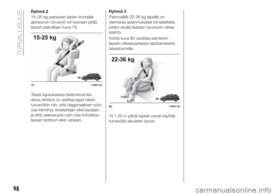 FIAT 500X 2018 Käyttö- ja huolto-ohjekirja (in in Finnish) Ryhmä 2
15–25 kg painavien lasten kohdalla
ajoneuvon turvavyö voi suoraan pitää
lapset paikoillaan kuva 79.
Tässä tapauksessa lastenistuimien
ainoa tehtävä on asettaa lapsi oikein
turvavöih FIAT 500X 2018 Käyttö- ja huolto-ohjekirja (in in Finnish) Ryhmä 2
15–25 kg painavien lasten kohdalla
ajoneuvon turvavyö voi suoraan pitää
lapset paikoillaan kuva 79.
Tässä tapauksessa lastenistuimien
ainoa tehtävä on asettaa lapsi oikein
turvavöih