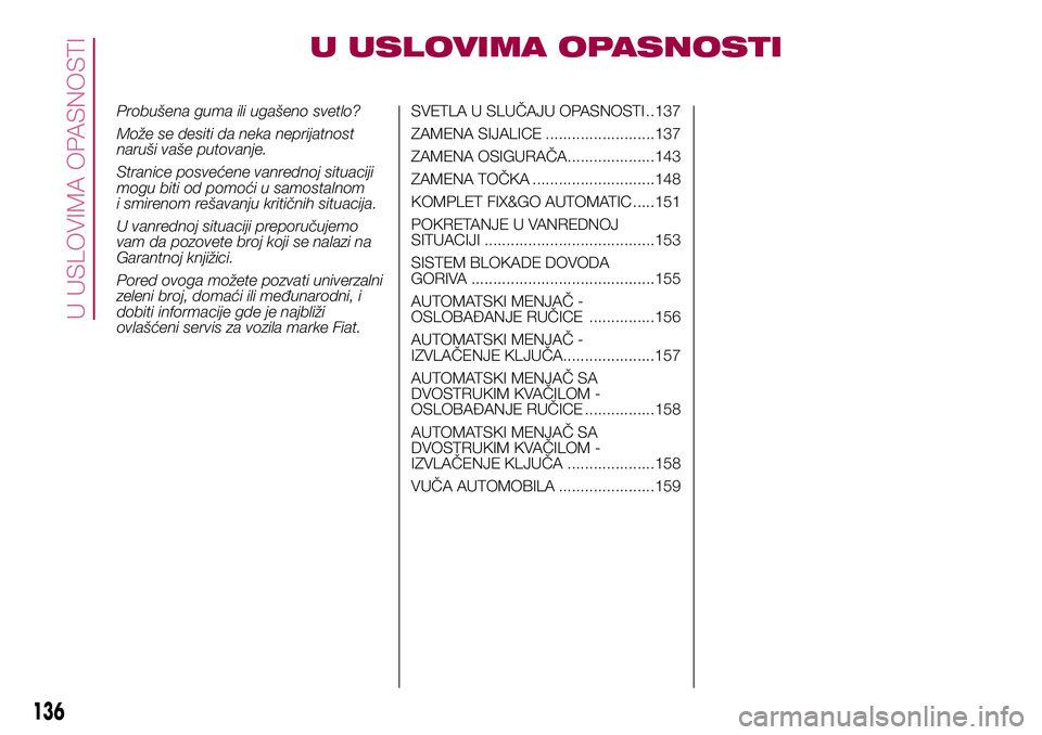 FIAT 500X 2017 Knjižica za upotrebu i održavanje (in Serbian) U USLOVIMA OPASNOSTI
Probušena guma ili ugašeno svetlo?
Može se desiti da neka neprijatnost
naruši vaše putovanje.
Stranice posvećene vanrednoj situaciji
mogu biti od pomoći u samostalnom
i smi FIAT 500X 2017 Knjižica za upotrebu i održavanje (in Serbian) U USLOVIMA OPASNOSTI
Probušena guma ili ugašeno svetlo?
Može se desiti da neka neprijatnost
naruši vaše putovanje.
Stranice posvećene vanrednoj situaciji
mogu biti od pomoći u samostalnom
i smi