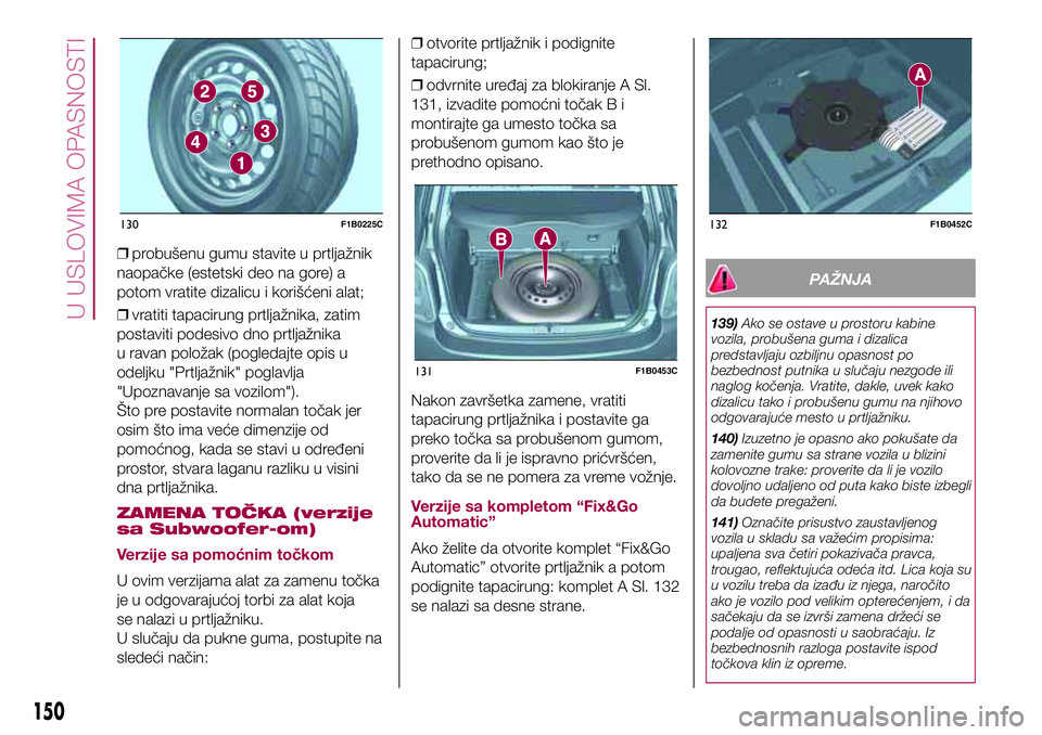 FIAT 500X 2017 Knjižica za upotrebu i održavanje (in Serbian) ❒probušenu gumu stavite u prtljažnik
naopačke (estetski deo na gore) a
potom vratite dizalicu i korišćeni alat;
❒vratiti tapacirung prtljažnika, zatim
postaviti podesivo dno prtljažnika
u r FIAT 500X 2017 Knjižica za upotrebu i održavanje (in Serbian) ❒probušenu gumu stavite u prtljažnik
naopačke (estetski deo na gore) a
potom vratite dizalicu i korišćeni alat;
❒vratiti tapacirung prtljažnika, zatim
postaviti podesivo dno prtljažnika
u r