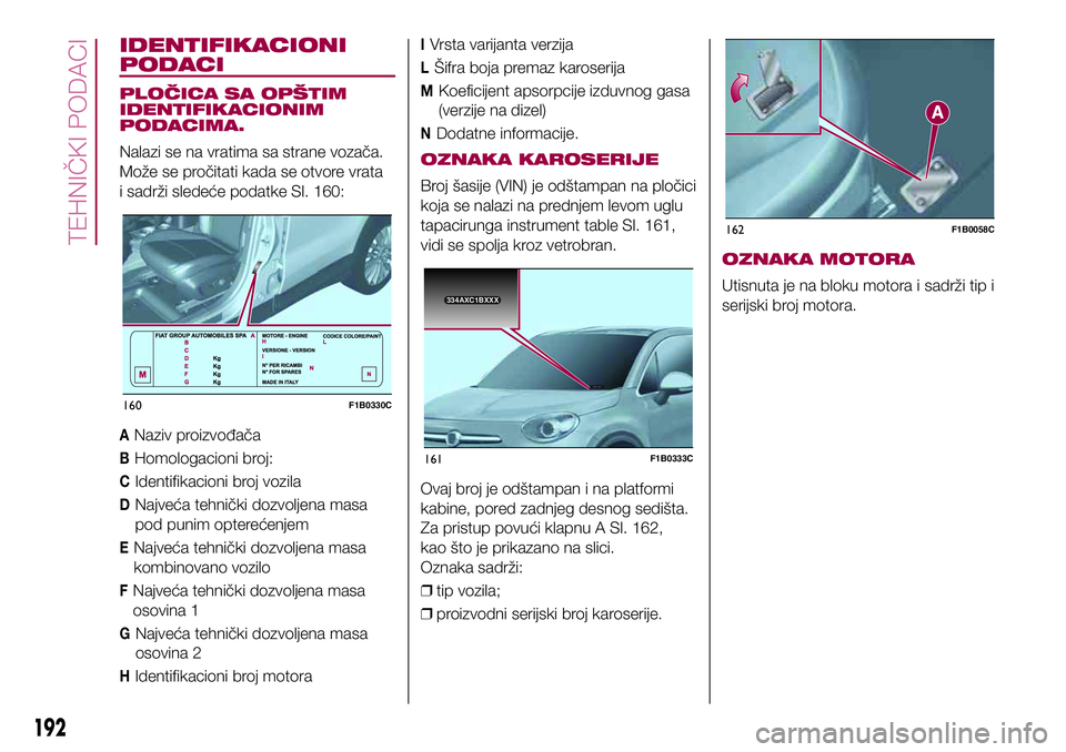 FIAT 500X 2017 Knjižica za upotrebu i održavanje (in Serbian) IDENTIFIKACIONI
PODACI
PLOČICA SA OPŠTIM
IDENTIFIKACIONIM
PODACIMA.
Nalazi se na vratima sa strane vozača.
Može se pročitati kada se otvore vrata
i sadrži sledeće podatke Sl. 160:
ANaziv proizv FIAT 500X 2017 Knjižica za upotrebu i održavanje (in Serbian) IDENTIFIKACIONI
PODACI
PLOČICA SA OPŠTIM
IDENTIFIKACIONIM
PODACIMA.
Nalazi se na vratima sa strane vozača.
Može se pročitati kada se otvore vrata
i sadrži sledeće podatke Sl. 160:
ANaziv proizv