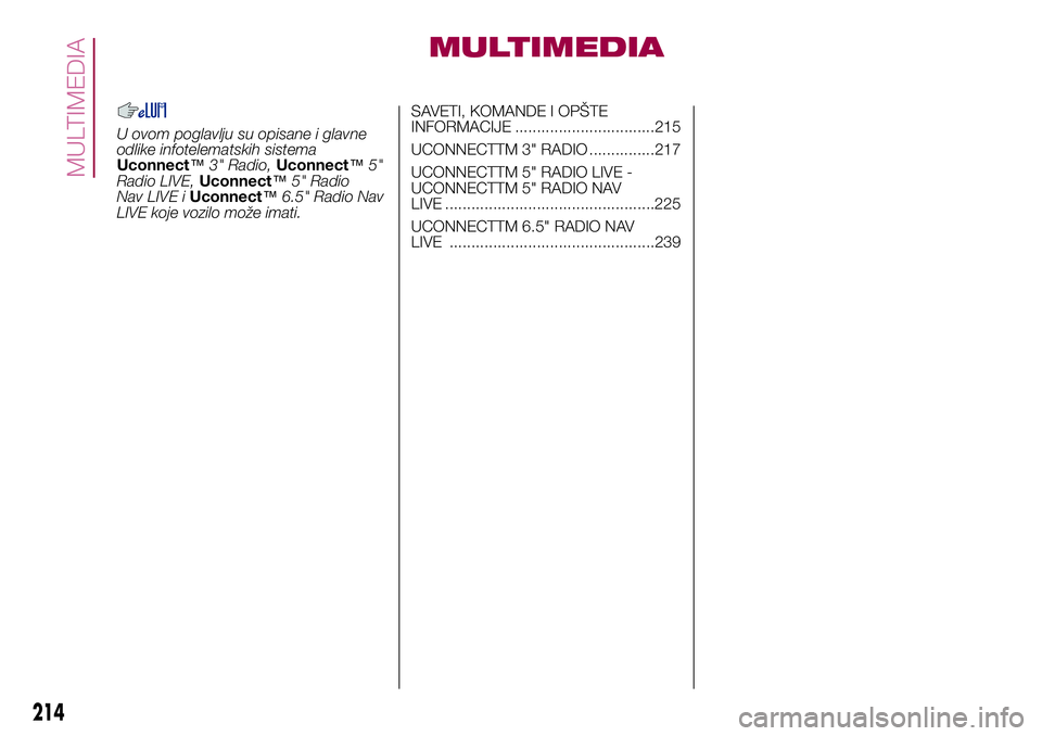 FIAT 500X 2017 Knjižica za upotrebu i održavanje (in Serbian) MULTIMEDIA
U ovom poglavlju su opisane i glavne
odlike infotelematskih sistema
Uconnect™3" Radio,Uconnect™5"
Radio LIVE,Uconnect™5" Radio
Nav LIVE iUconnect™6.5" Radio Nav
LIVE FIAT 500X 2017 Knjižica za upotrebu i održavanje (in Serbian) MULTIMEDIA
U ovom poglavlju su opisane i glavne
odlike infotelematskih sistema
Uconnect™3" Radio,Uconnect™5"
Radio LIVE,Uconnect™5" Radio
Nav LIVE iUconnect™6.5" Radio Nav
LIVE