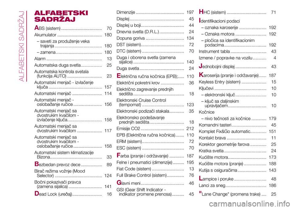 FIAT 500X 2017 Knjižica za upotrebu i održavanje (in Serbian) ALFABETSKI
SADRŽAJ
A
BS (sistem) ................................. 70
Akumulator .................................... 180
– saveti za produženje veka
trajanja ..................................... FIAT 500X 2017 Knjižica za upotrebu i održavanje (in Serbian) ALFABETSKI
SADRŽAJ
A
BS (sistem) ................................. 70
Akumulator .................................... 180
– saveti za produženje veka
trajanja .....................................