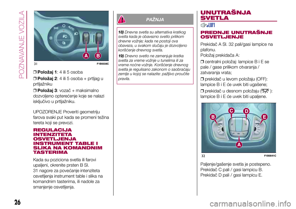 FIAT 500X 2017  Knjižica za upotrebu i održavanje (in Serbian) ❒Položaj 1: 4 ili 5 osoba
❒Položaj 2: 4 ili 5 osoba + prtljag u
prtljažniku
❒Položaj 3: vozač + maksimalno
dozvoljeno opterećenje koje se nalazi
isključivo u prtljažniku.
UPOZORENJE Prov