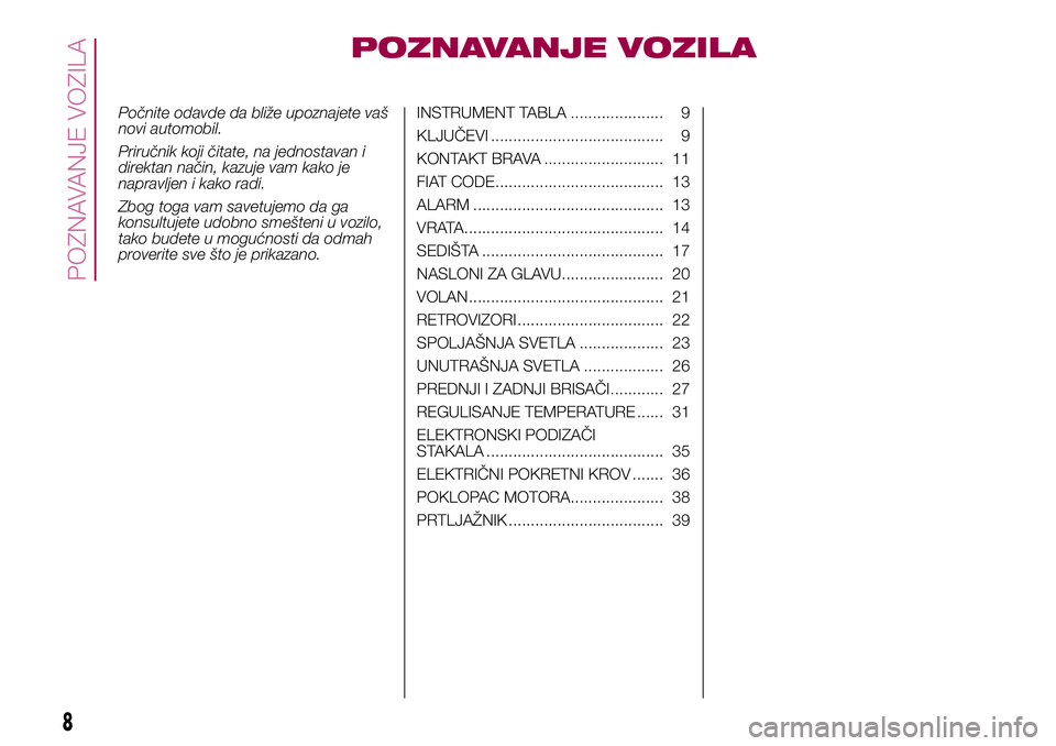 FIAT 500X 2017 Knjižica za upotrebu i održavanje (in Serbian) POZNAVANJE VOZILA
Počnite odavde da bliže upoznajete vaš
novi automobil.
Priručnik koji čitate, na jednostavan i
direktan način, kazuje vam kako je
napravljen i kako radi.
Zbog toga vam savetuje FIAT 500X 2017 Knjižica za upotrebu i održavanje (in Serbian) POZNAVANJE VOZILA
Počnite odavde da bliže upoznajete vaš
novi automobil.
Priručnik koji čitate, na jednostavan i
direktan način, kazuje vam kako je
napravljen i kako radi.
Zbog toga vam savetuje