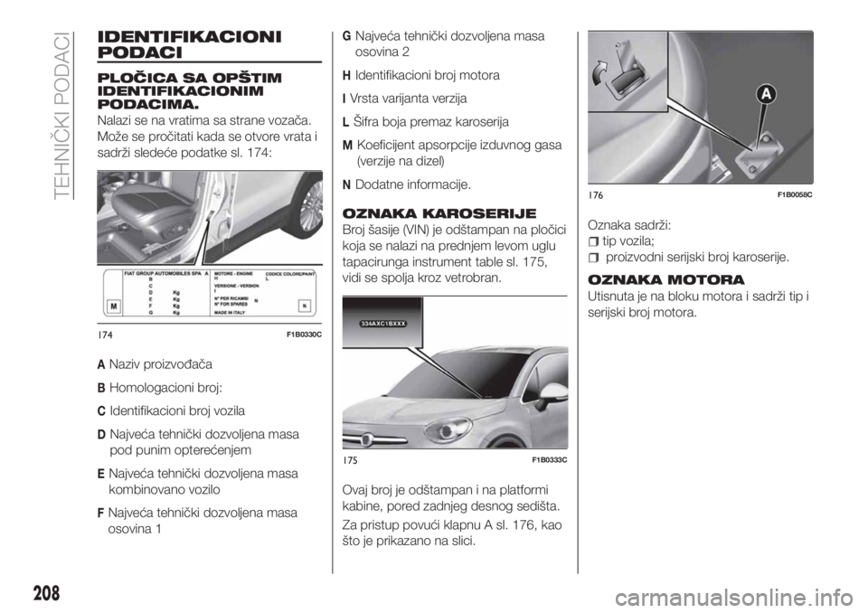 FIAT 500X 2018 Knjižica za upotrebu i održavanje (in Serbian) IDENTIFIKACIONI
PODACI
PLOČICA SA OPŠTIM
IDENTIFIKACIONIM
PODACIMA.
Nalazi se na vratima sa strane vozača.
Može se pročitati kada se otvore vrata i
sadrži sledeće podatke sl. 174:
ANaziv proizv FIAT 500X 2018 Knjižica za upotrebu i održavanje (in Serbian) IDENTIFIKACIONI
PODACI
PLOČICA SA OPŠTIM
IDENTIFIKACIONIM
PODACIMA.
Nalazi se na vratima sa strane vozača.
Može se pročitati kada se otvore vrata i
sadrži sledeće podatke sl. 174:
ANaziv proizv