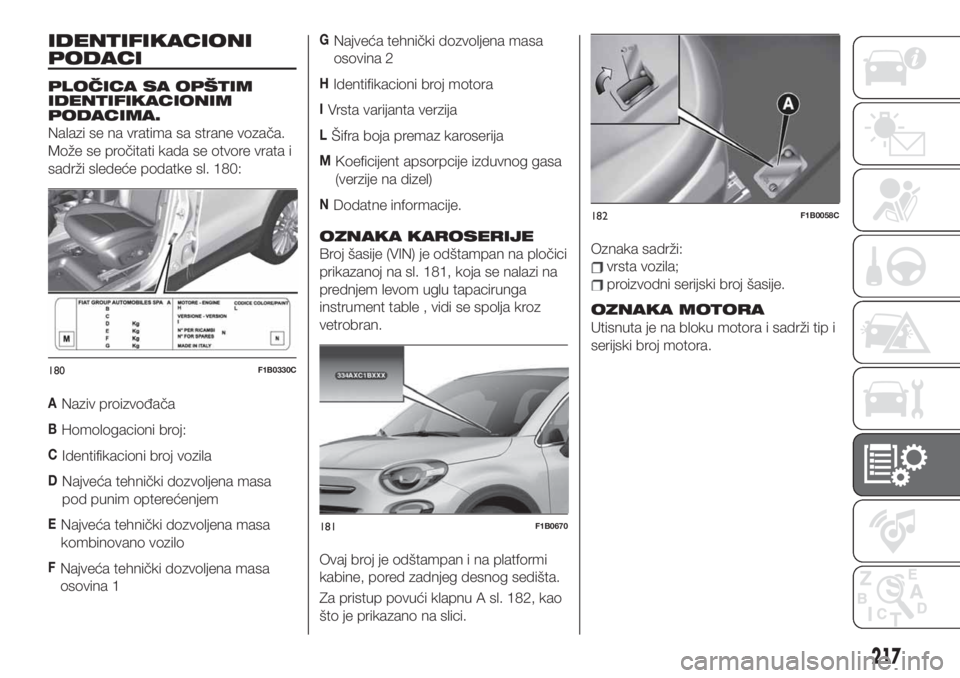 FIAT 500X 2019 Knjižica za upotrebu i održavanje (in Serbian) IDENTIFIKACIONI
PODACI
PLOČICA SA OPŠTIM
IDENTIFIKACIONIM
PODACIMA.
Nalazi se na vratima sa strane vozača.
Može se pročitati kada se otvore vrata i
sadrži sledeće podatke sl. 180:
ANaziv proizv FIAT 500X 2019 Knjižica za upotrebu i održavanje (in Serbian) IDENTIFIKACIONI
PODACI
PLOČICA SA OPŠTIM
IDENTIFIKACIONIM
PODACIMA.
Nalazi se na vratima sa strane vozača.
Može se pročitati kada se otvore vrata i
sadrži sledeće podatke sl. 180:
ANaziv proizv