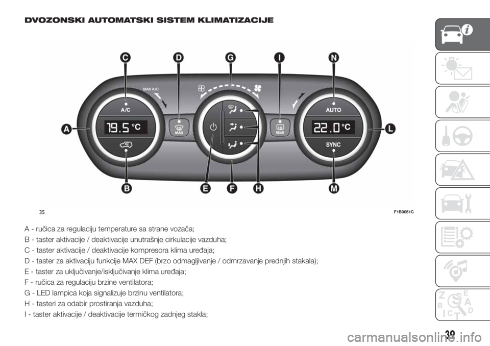 FIAT 500X 2019 Knjižica za upotrebu i održavanje (in Serbian) DVOZONSKI AUTOMATSKI SISTEM KLIMATIZACIJE
A - ručica za regulaciju temperature sa strane vozača;
B - taster aktivacije / deaktivacije unutrašnje cirkulacije vazduha;
C - taster aktivacije / deaktiv FIAT 500X 2019 Knjižica za upotrebu i održavanje (in Serbian) DVOZONSKI AUTOMATSKI SISTEM KLIMATIZACIJE
A - ručica za regulaciju temperature sa strane vozača;
B - taster aktivacije / deaktivacije unutrašnje cirkulacije vazduha;
C - taster aktivacije / deaktiv
