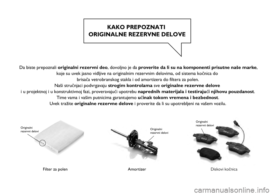 FIAT 500X 2020  Knjižica za upotrebu i održavanje (in Serbian) KAKO PREPOZNATI 
ORIGINALNE REZERVNE DELOVE
Filter za polen 
  Originalni 
rezervni delovi
Amortizer
Originalni 
rezervni delovi
Diskovi kočnica
Originalni 
rezervni delovi
 Da biste prepoznali origi